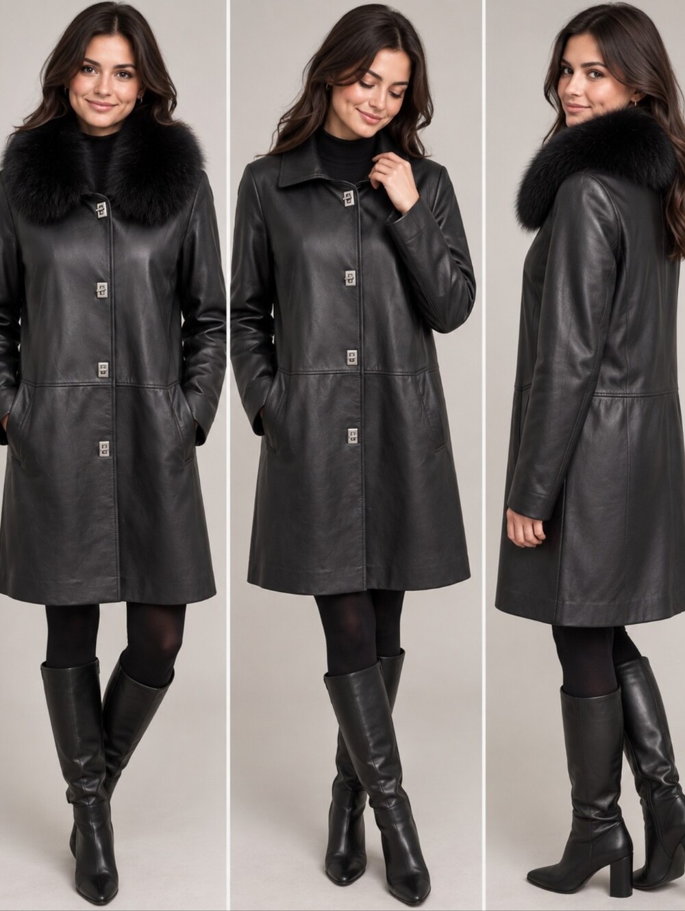 LNR La Nouvelle Renaissance Black Leather Coat M Detachable Raccoon Fur Collar